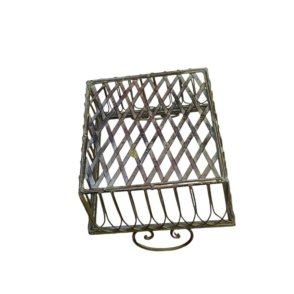 Vintage Wrought Iron Square‎ Ornate Handles Basket Sage Green, Set Of 2